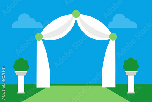 Outdoor wedding ceremony arch with drapes and greenery