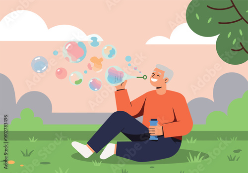 An elderly person blowing bubbles in a park, enjoying a sunny day.