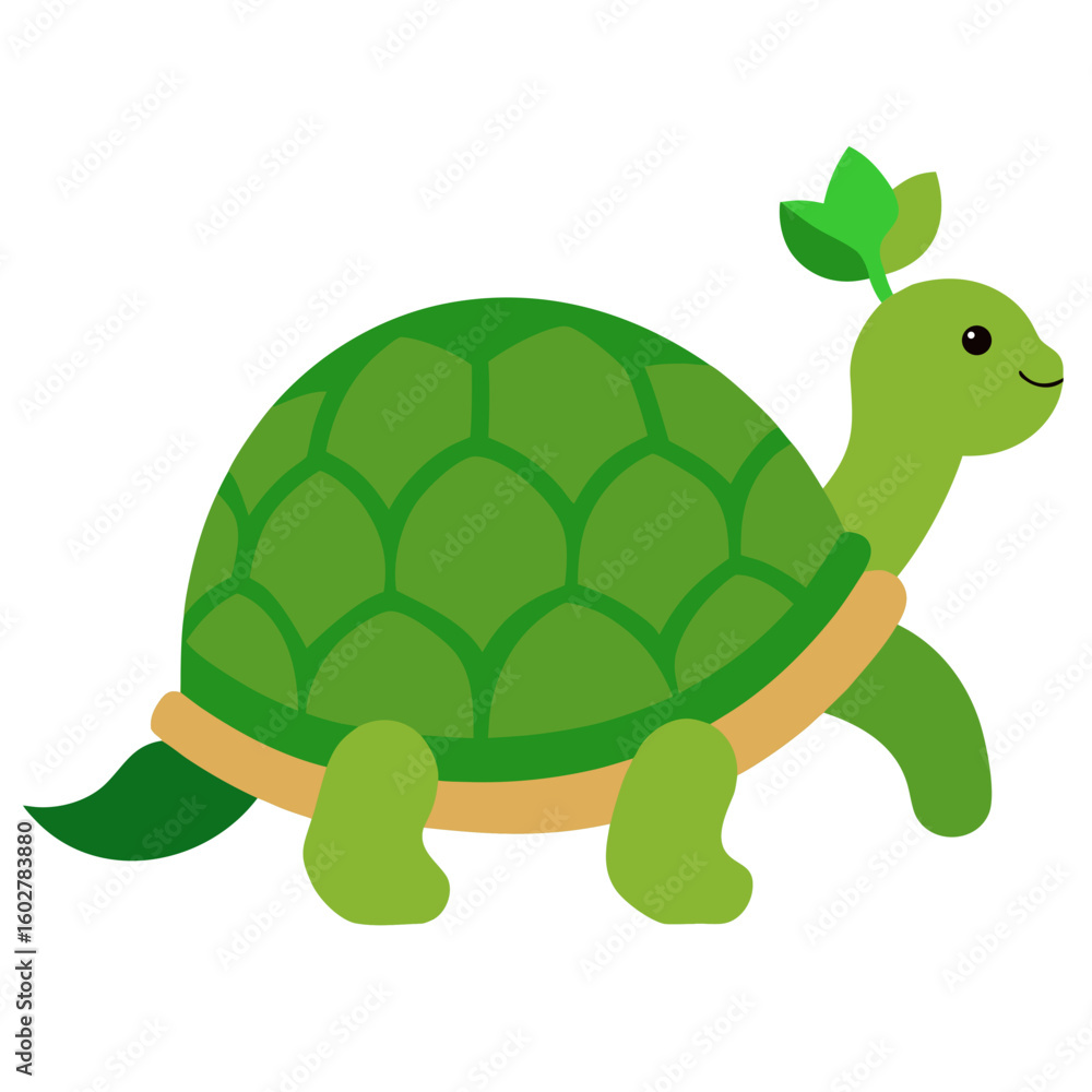Obraz premium Cute cartoon green turtle with a leaf on its head walking