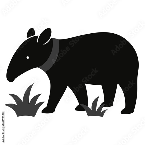 Stylized black tapir grazing in grass