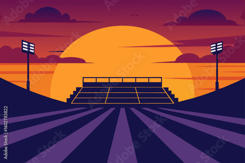 Vibrant sunset over an empty tennis court with stadium lights