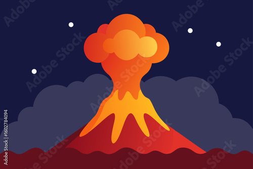 Stylized volcano eruption under a starry night sky