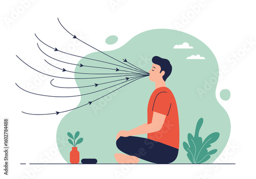 A man sits in a meditative pose, practicing deep breathing exercises for relaxation and mindfulness.