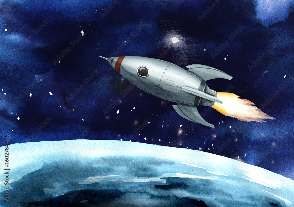 Fototapeta premium Space rocket in the space, Hand drawn watercolor illustration