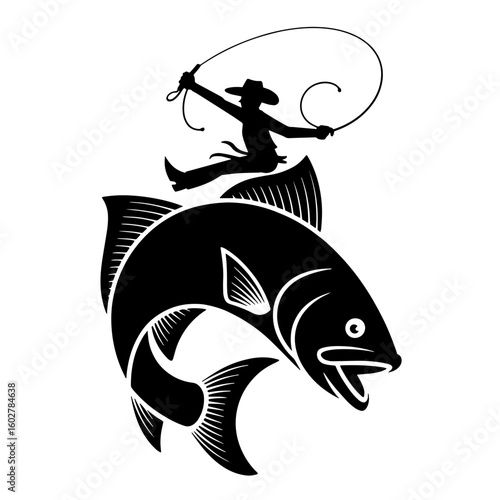 Vector Silhouette of a Cowboy Riding a Giant Fish with Lasso isolated on white