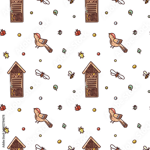 vector seamless pattern of insects and house for insects