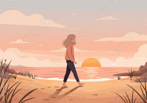 A serene woman walks barefoot on a sandy beach, enjoying a peaceful and colorful sunset over the ocean.