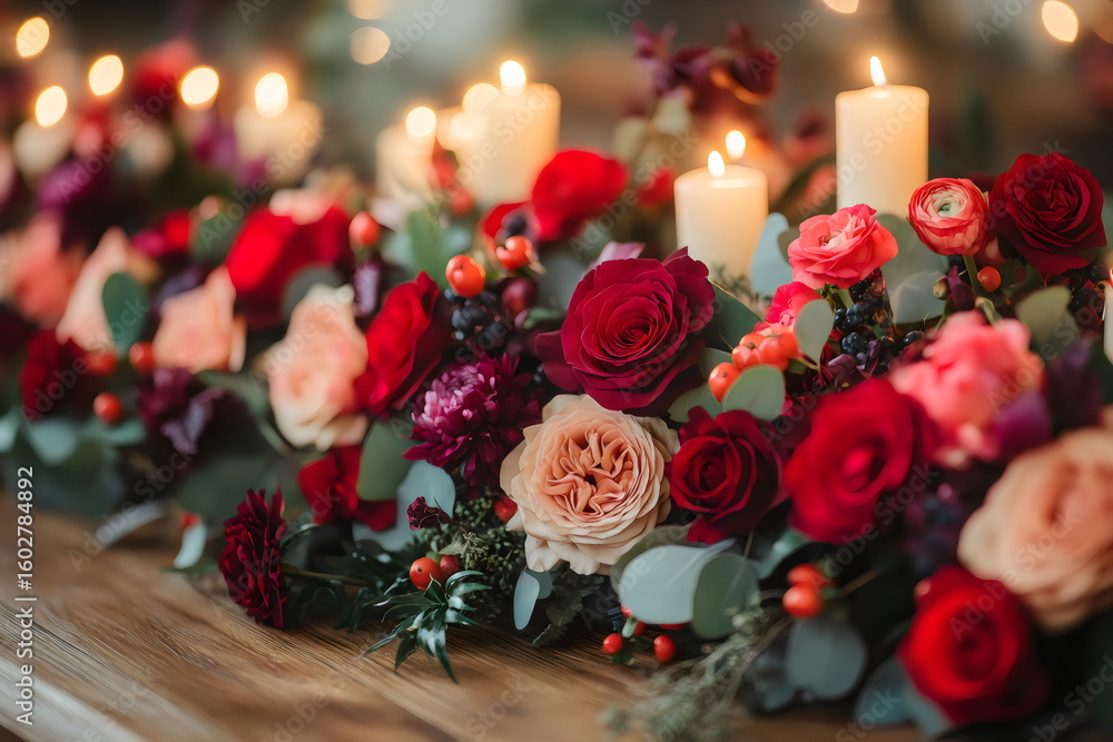 Obraz premium Elegant floral arrangement with candles for a romantic setting during an intimate evening gathering