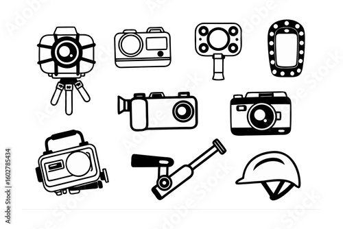 Collection of hand drawn illustrations featuring various cameras and photography accessories for content creation and recording