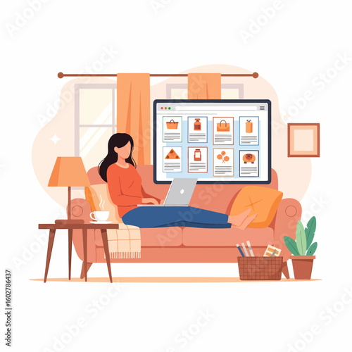 Woman browsing online store on laptop while relaxing on sofa at home