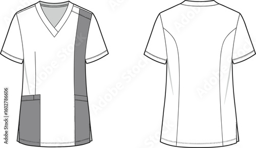 Technical flat sketch of asymmetrical scrub top front and back, V-neck with side panel detail, medical uniform design for healthcare professionals