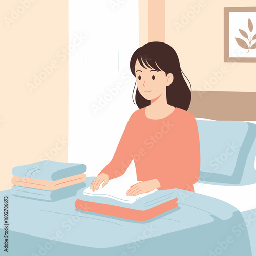 Woman folding laundry on a bed domestic chores and household tasks