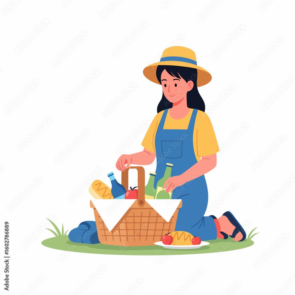 Woman Packing Picnic Basket Outdoors Enjoying Summer Day Woman Packing Picnic Basket Outdoors Enjoying Summer Day