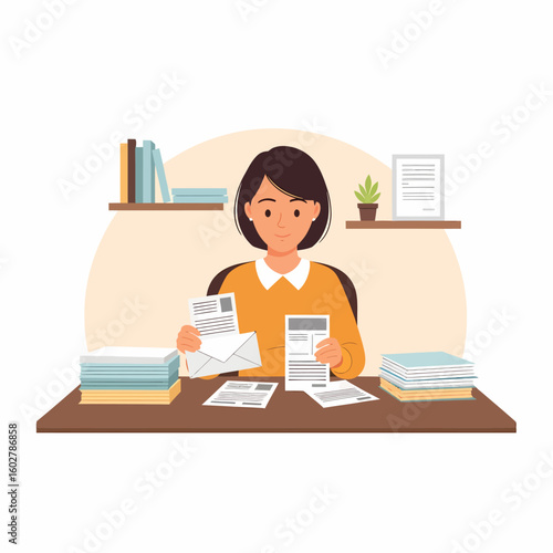 Woman accountant organizing financial documents and paperwork at her desk