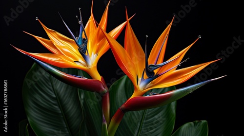 Vibrant bird of paradise flowers against a dark background, showcasing exotic orange and blue petals