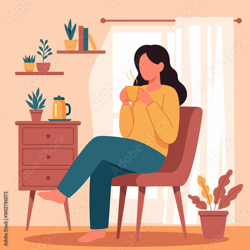 Cozy woman relaxing with a hot drink in a comfortable chair at home