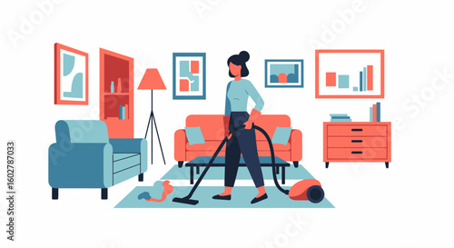 Woman vacuuming living room carpet for a clean home and healthy lifestyle