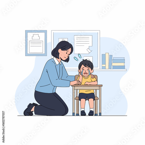 Teacher Comforting Sad Crying Student Child Sitting at Desk School Classroom Sadness Emotion Concept