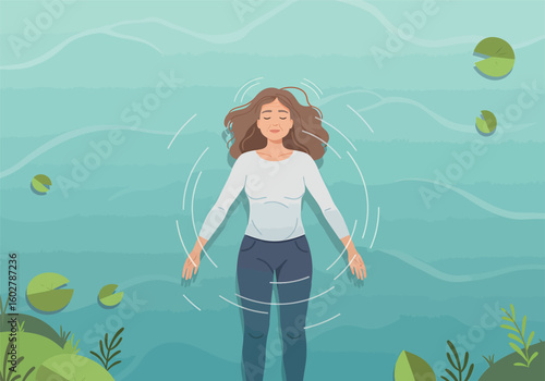 A serene woman with closed eyes floats peacefully on her back in calm, clear water surrounded by lily pads.
