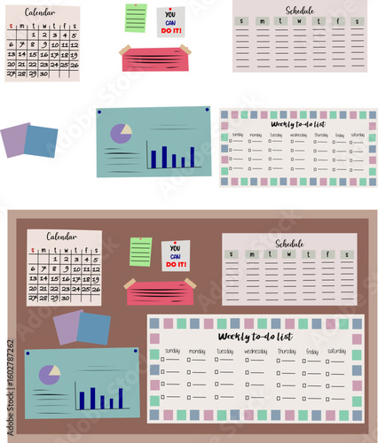 Classroom Bulletin Board Vector Set – Calendar, Schedule, To-Do List, Graphs, and Sticky Notes