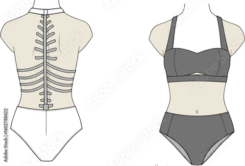Flat sketch of two-piece and one-piece swimsuits, high-neck ladder-back and sweetheart bikini designs, fashion blueprint for modern stylish swimwear collection