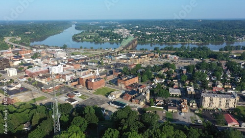 Expansive aerial view showcases Parkersburg, West Virginia, featuring the downtown area, the Ohio River, and the Little Kanawha River on a clear day.