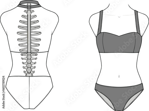 Fashion flat sketch of swimwear set, front and back view, asymmetrical one-piece and sweetheart bikini, technical design for modern apparel catalogs