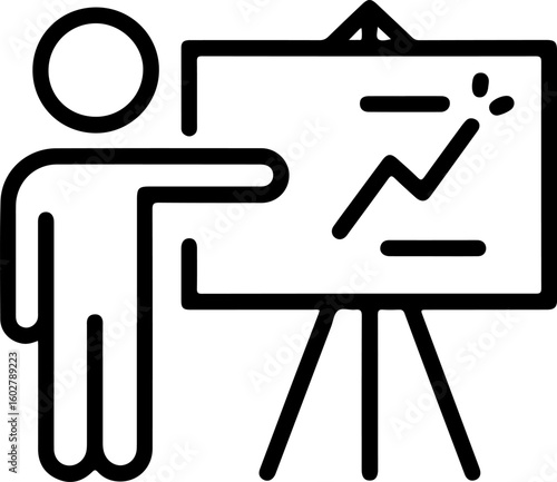 Simple line art icon of a person presenting a growing line graph on a whiteboard
