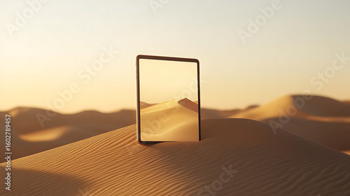 frameless tablet mockup floating over sand dune with clear sky background, soft golden hour light.