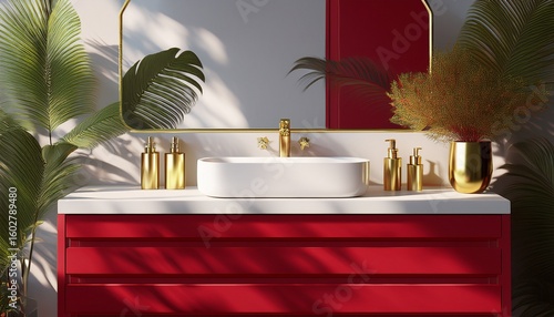 white ceramic rectangle undermount washbasin and red vanity bathroom counter gold faucet and mirror in sunlight tropical tree for luxury beauty cosmetic skincare toiletries product background 3d