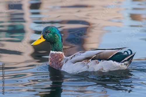 Mallard drakes on an autumn day in October on Sweden's second largest lake, Lake Vaettern, in the harbor of the world-famous wooden town of Hjo