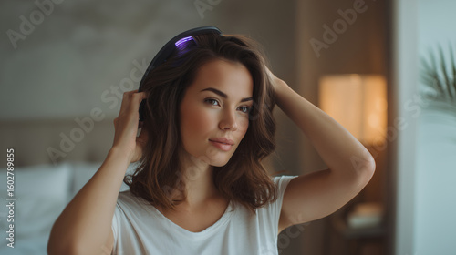 A woman with flowing hair is using an advanced hair care device to groom her locks in a stylish bedroom. Soft, natural light streams in, creating a serene atmosphere for her morning routine.
