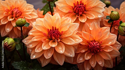 Vibrant orange dahlias on a dark background, suitable for elegant floral designs or backgrounds.