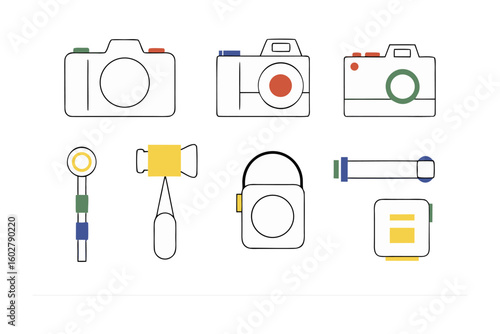 Collection of vintage and modern cameras and photography accessories in a clean line art style
