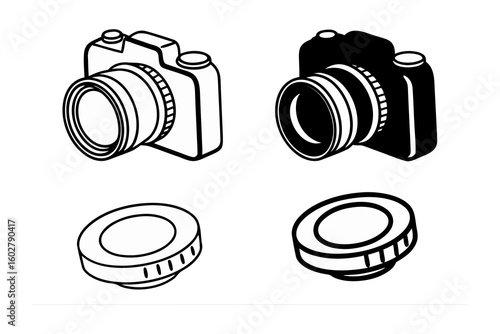 Two hand drawn illustrations of a dslr camera and lens caps in a simple sketch style
