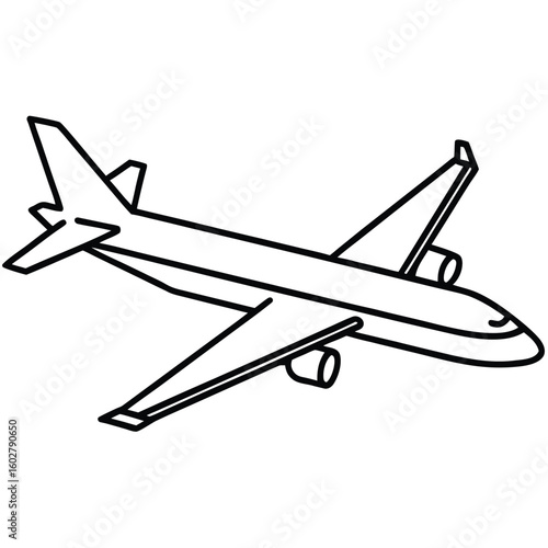 Simple outline drawing of a passenger airplane in flight depicting a classic jetliner with wings and engines