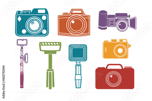 Collection of vintage and modern camera icons featuring various styles and accessories for photography enthusiasts