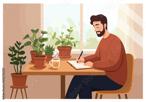 A bearded man intently writing in a notebook at a wooden table, surrounded by various potted plants, with a steaming cup beside him and a bright window in the background.