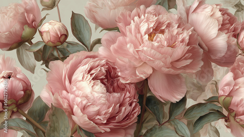 Close-Up of Soft Pink Peonies With Detailed Petals and Green Foliage