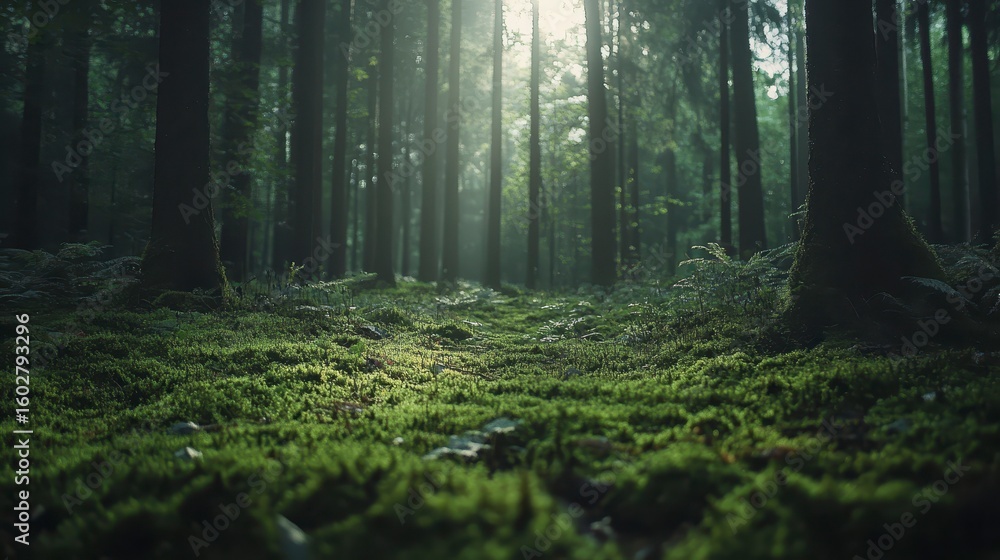 Fototapeta premium Morning Light Illuminates Dense Forest Floor Blanketed in Moss