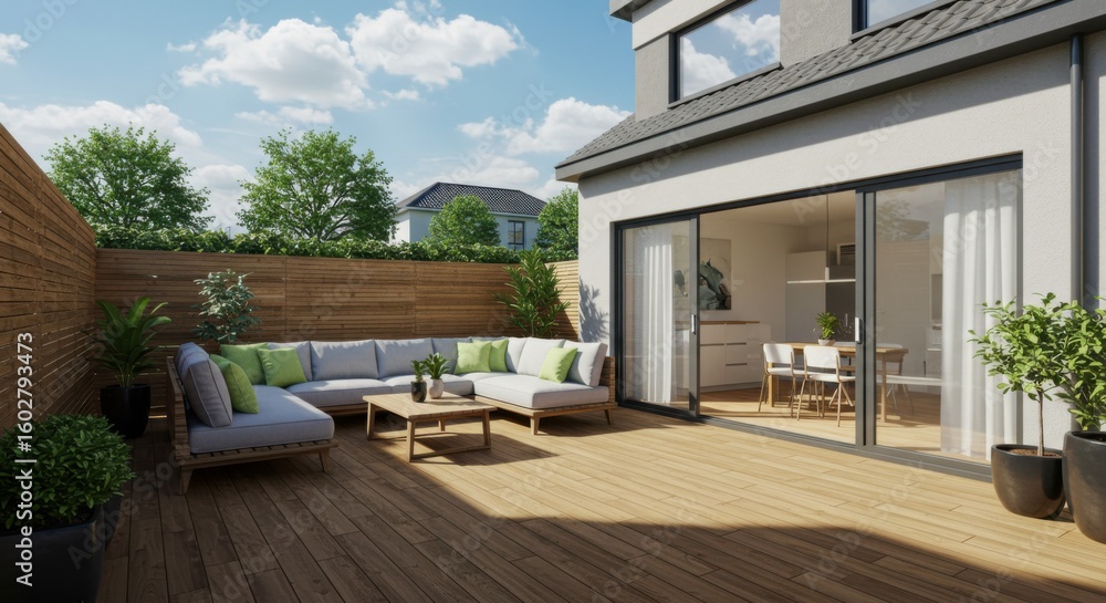 Fototapeta premium Modern Backyard Patio with Wooden Deck and Outdoor Furniture