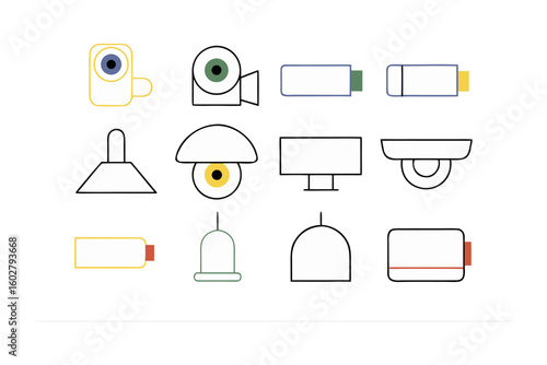 Collection of various architectural lighting fixtures and ceiling mounted devices depicted in a clean line drawing style