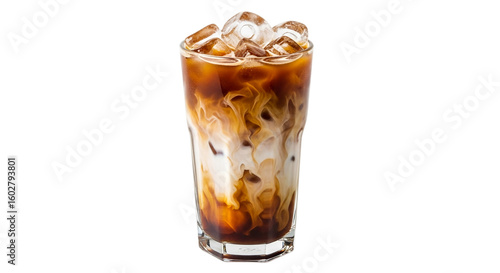 Photo of a refreshing iced coffee latte with milk swirls isolated on transparent background
