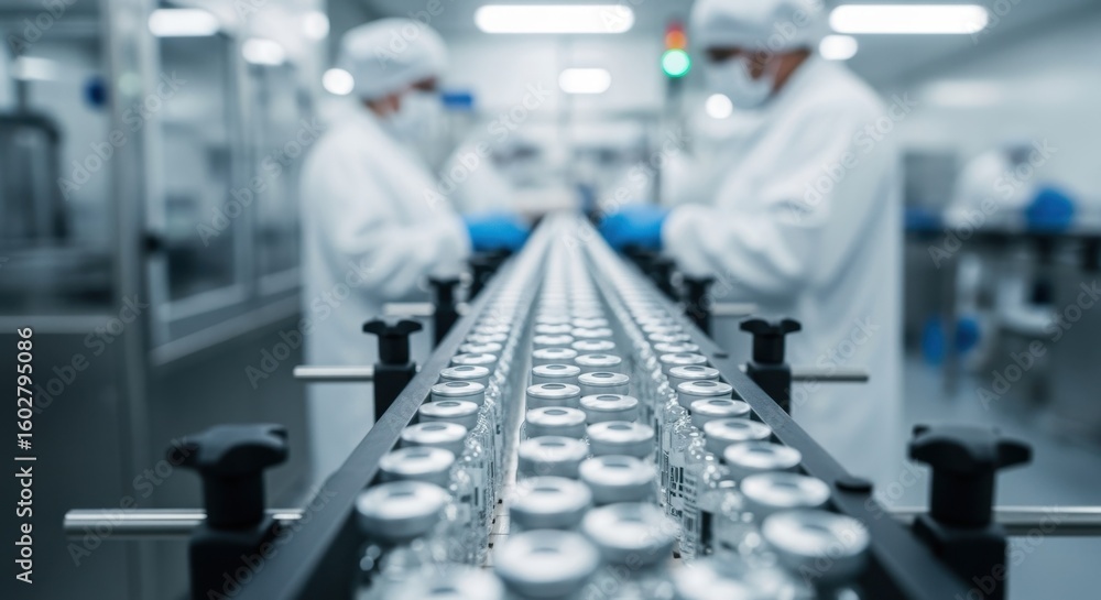 Fototapeta premium Glass vials containing vaccines or medications moving along a conveyor belt in a sterile pharmaceutical factory, with scientists working in the background ensuring quality control