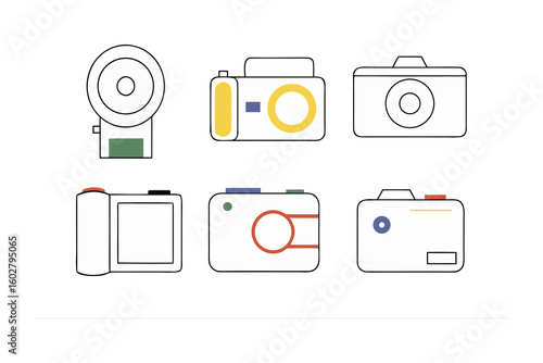 Collection of six distinct stylized camera illustrations showcasing various angles and designs in a clean white background