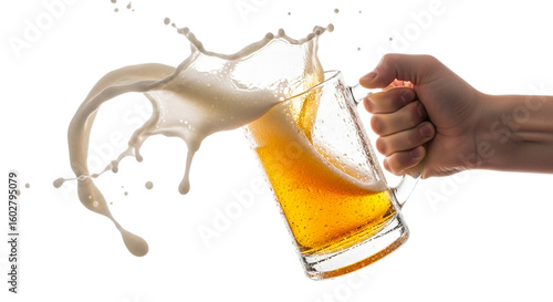 Photo of a hand holding a mug of beer with a splash isolated on transparent background