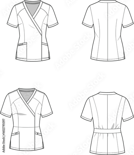 Professional medical scrubs front and back view, modern nurse uniform, functional healthcare design, stylish medical apparel for hospitals, clinics, and healthcare providers