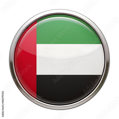 Free Download Glossy 3 D circular button icon featuring the United Arab Emirates flag with a metallic silver border isolated on a transparent background - GFXLoad