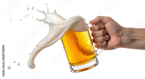 Photo of a hand holding a mug of beer with a large splash isolated on transparent background