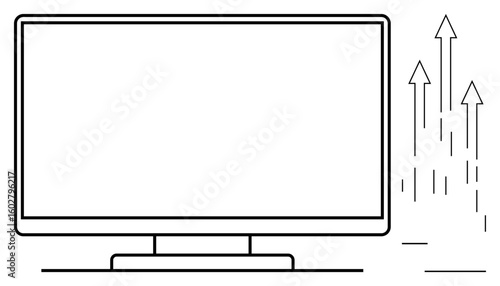 Blank desktop monitor accompanied by upward arrows symbolizing growth, progress, and technology advancement. Ideal for business development, innovation, performance increase, technology upgrades